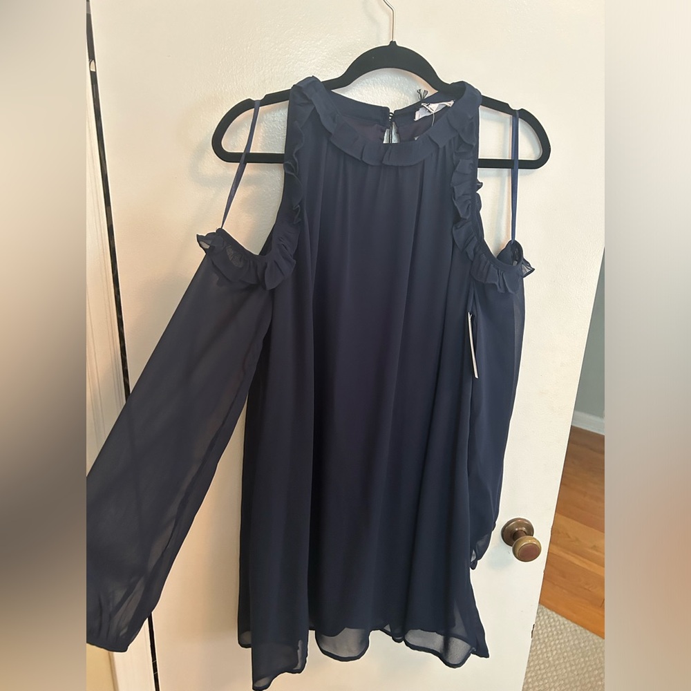 Navy Cold shoulder dress.